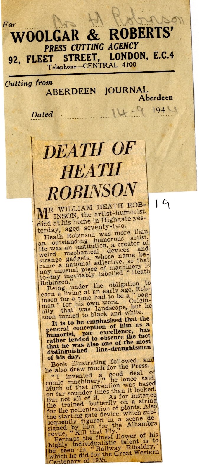 Death of Heath Robinson - cutting